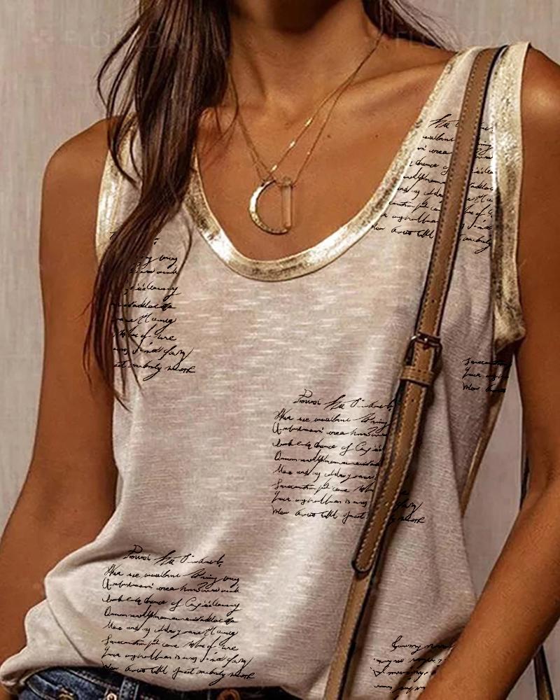 

Letter Print Metallic Trim Casual Tank Top, Khaki