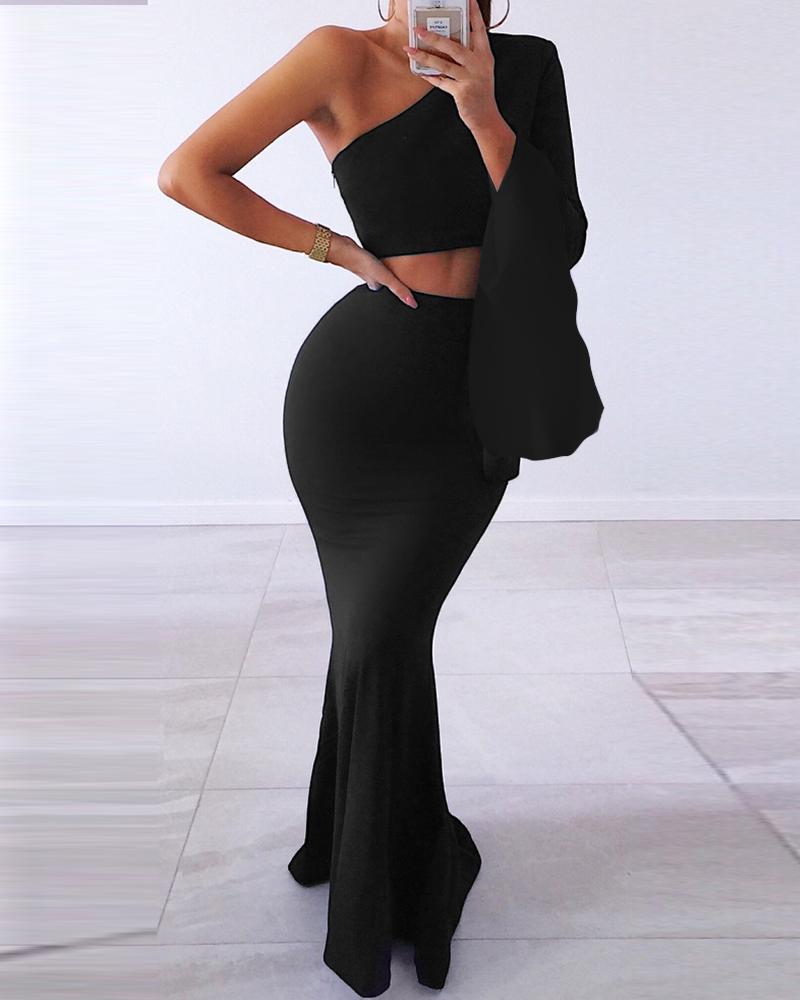 

One Shoulder Cloak Sleeve Crop Top & Maxi Mermaid Skirt Set, Black