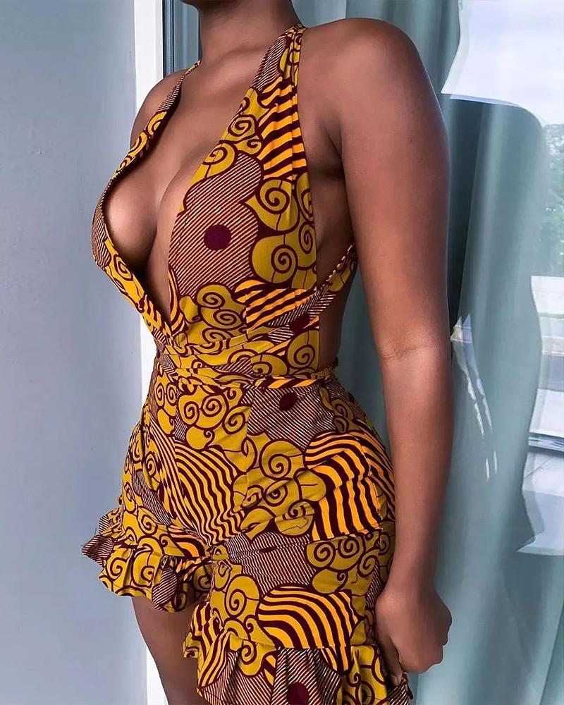 

Graphic Print Criss Cross Backless Ruffle Hem Romper, Yellow