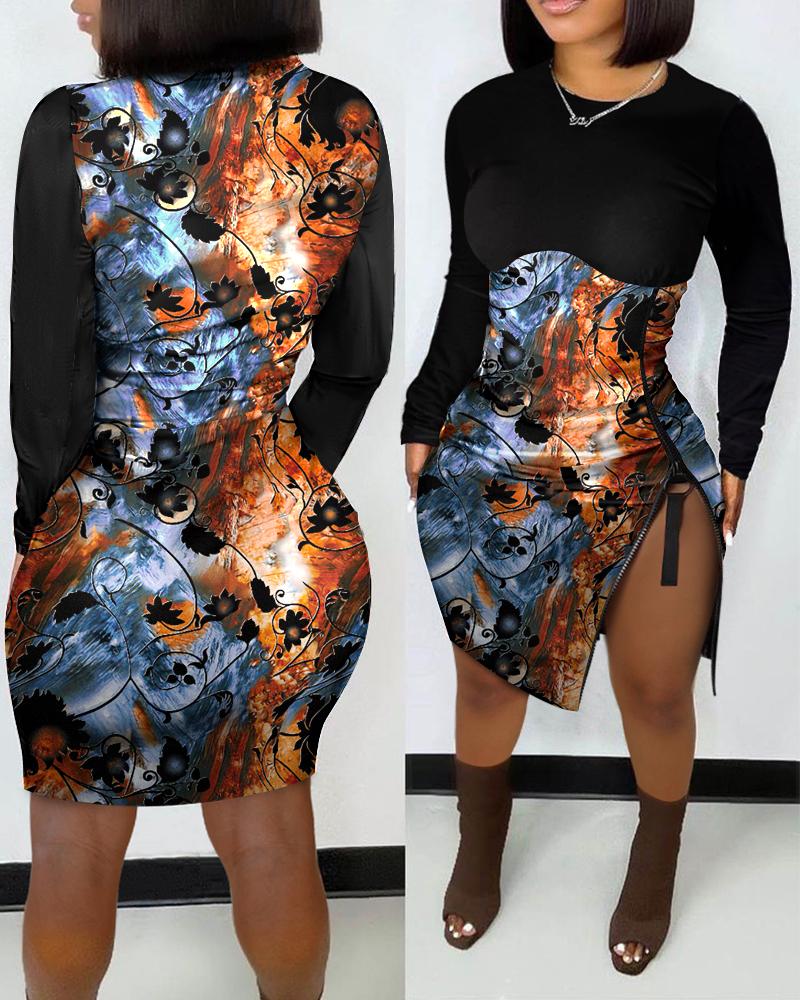

Floral Abstract Print Zipper Detail Bodycon Dress, Multicolor