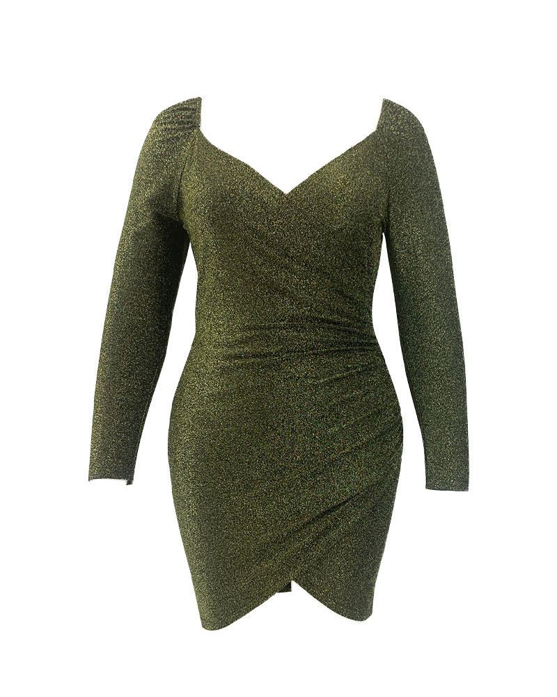 

Plus Size Long Sleeve Glitter Ruched Party Dress, Green
