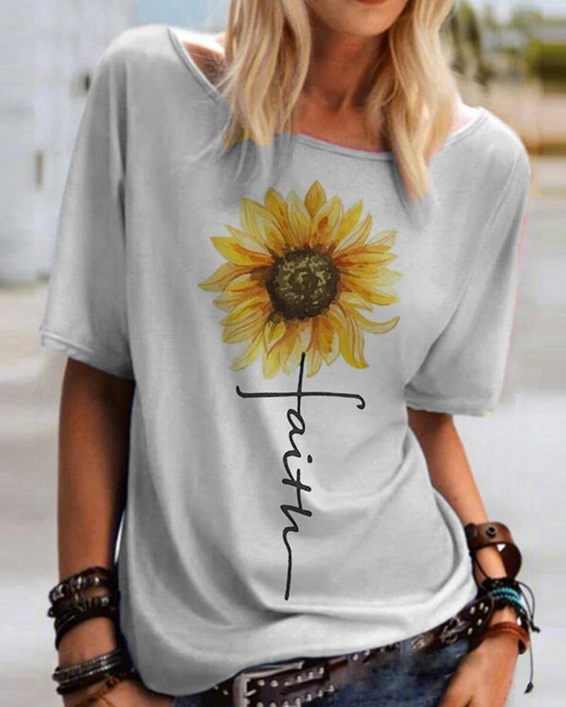 

Sunflower Letter Pattern Print Colorblock Casual T-shirt, Gray
