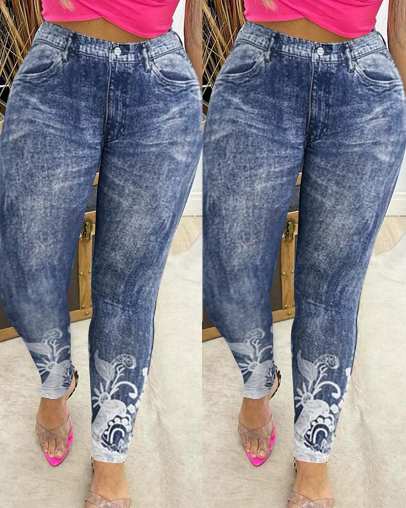 

Floral Print Washing Effect Skinny High Waist Denim Pants Jeans, Blue