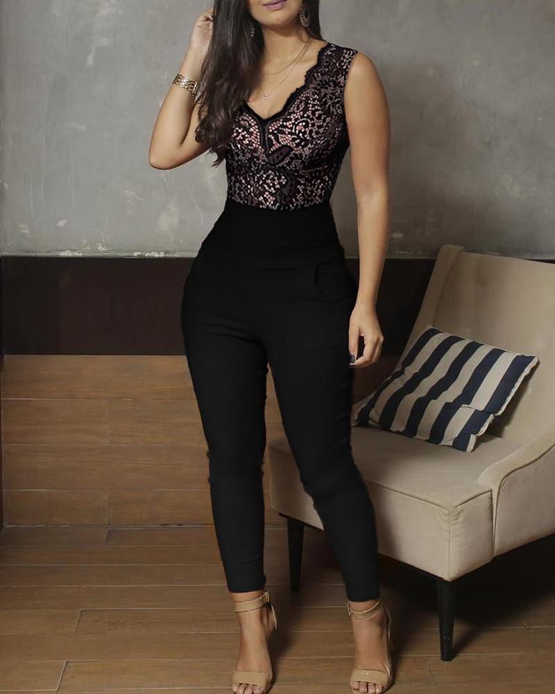 

V-Neck Lace Bodice Sleeveless Jumpsuits, Black