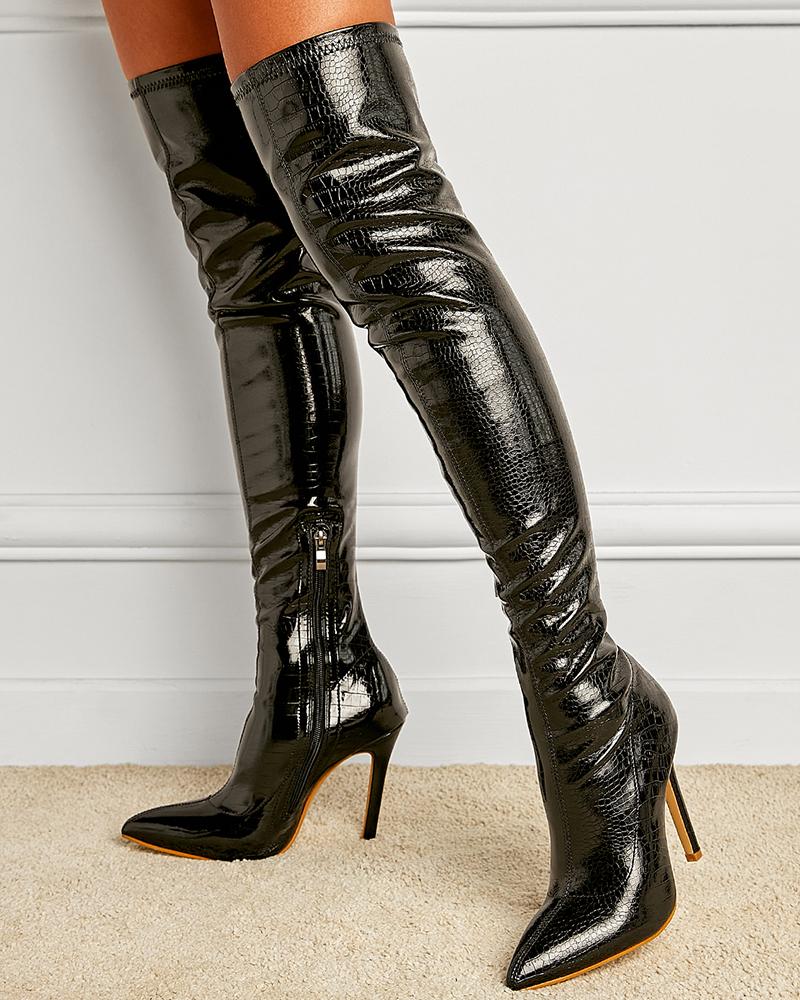 

Side Zipper Stiletto Heel Over The Knee Boots, Black