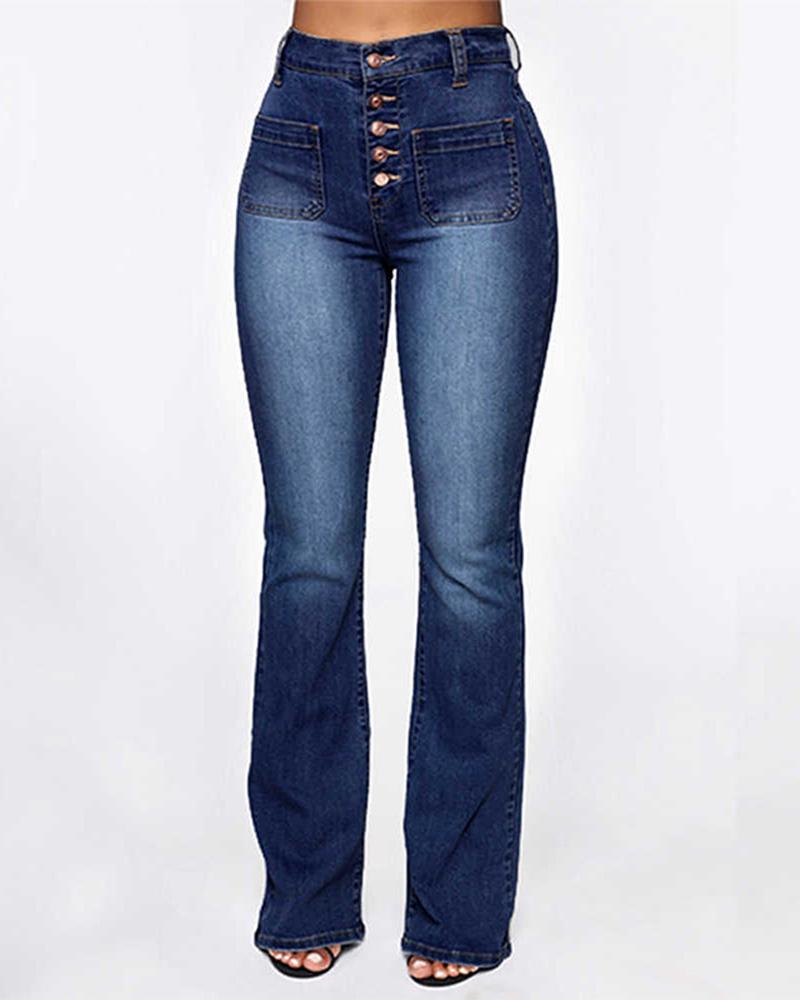 

Button Fly Pocket Design High Waist Jeans, Dark blue