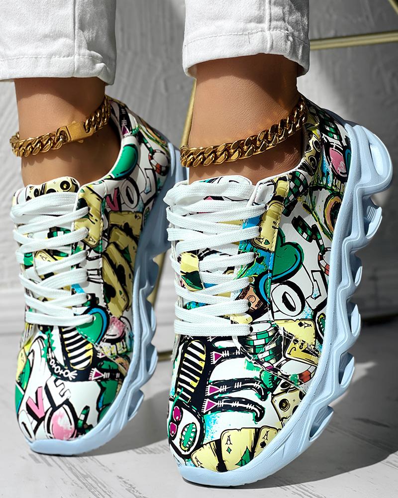 

Cartoon Print Round Toe Lace-up Sneakers, Green