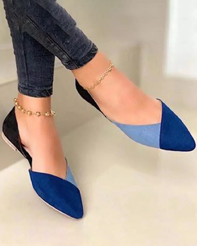 

Colorblock Pointed Toe Velvet Slip On Flat Shoes, Blue