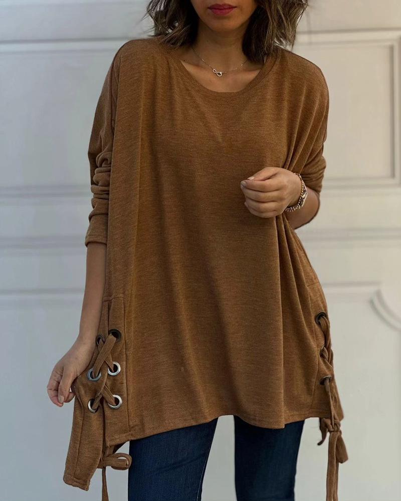 

Eyelet Lace-up Long Sleeve Top, Coffee