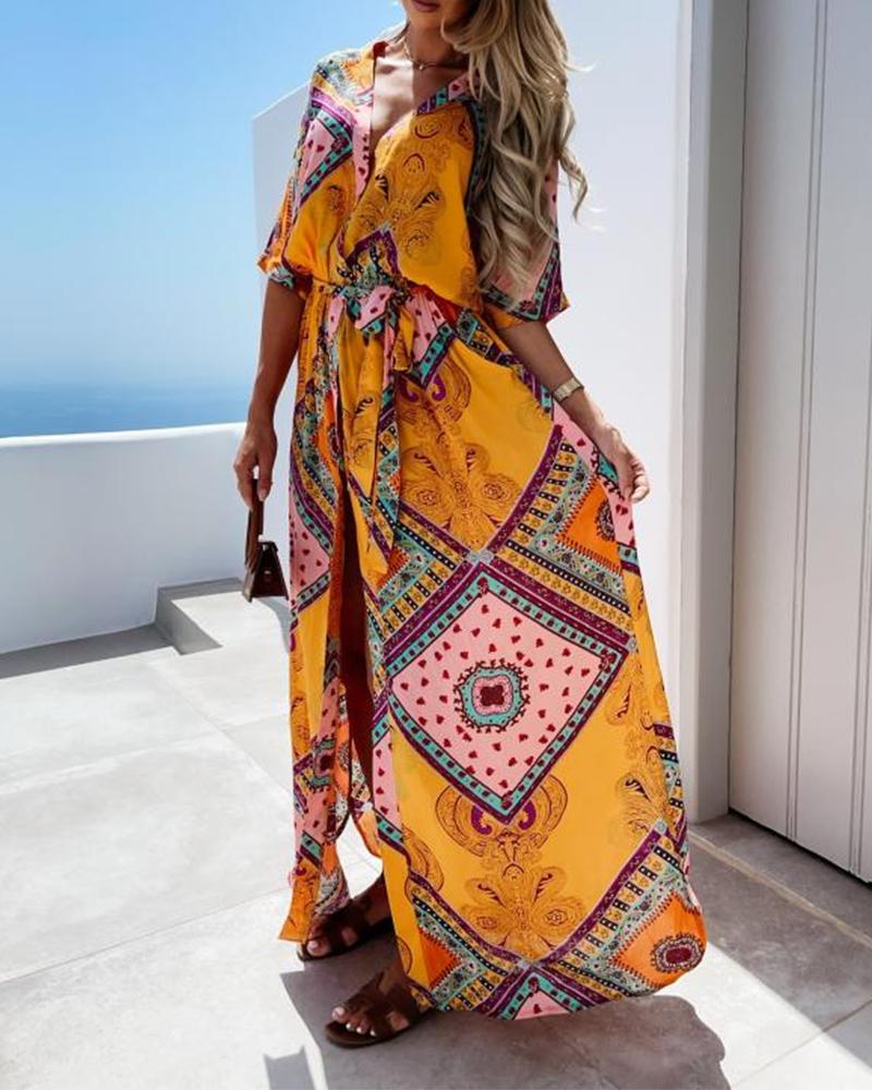 

Paisley Print V-Neck Split Belted Dress, Yellow