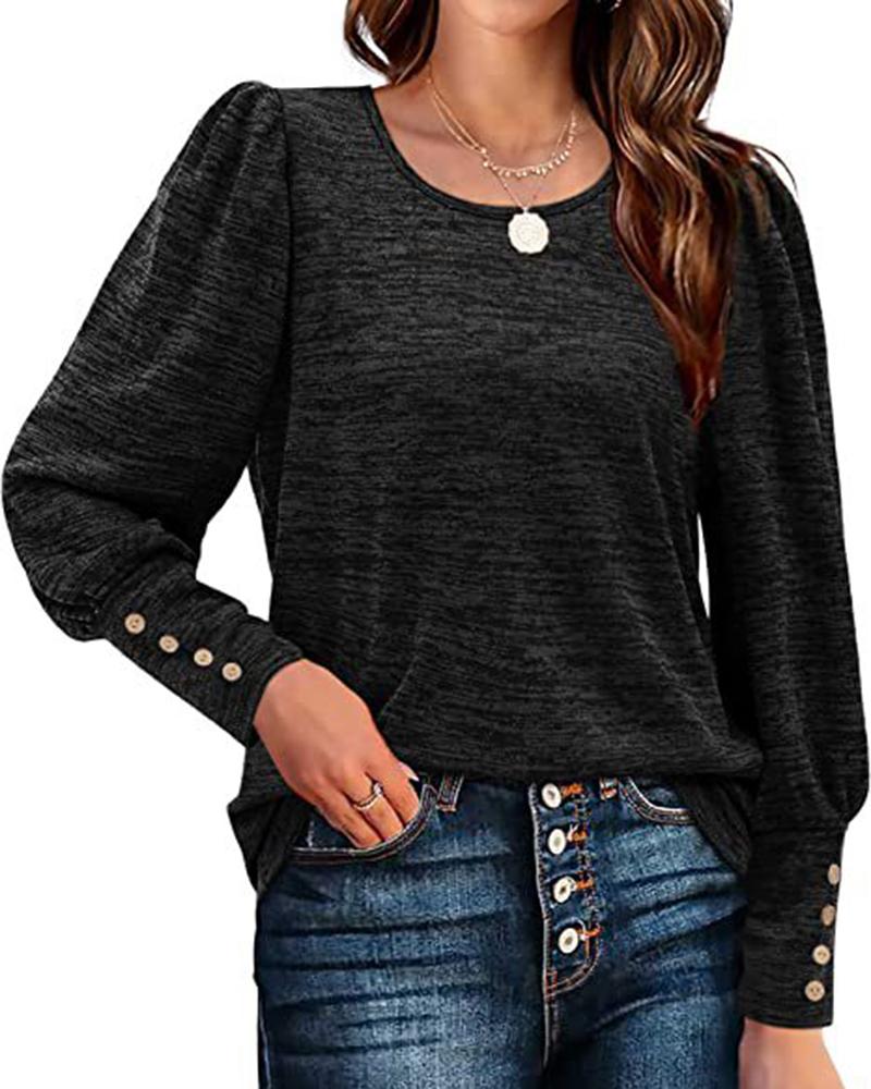 

Gigot Sleeve Buttoned U-Neck Top, Black