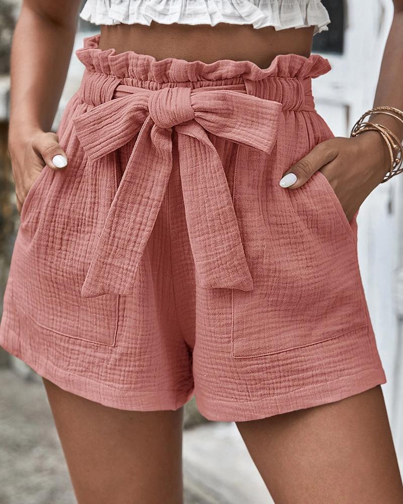 

Frill Hem Tied Detail Pocket Design Shorts, Pink