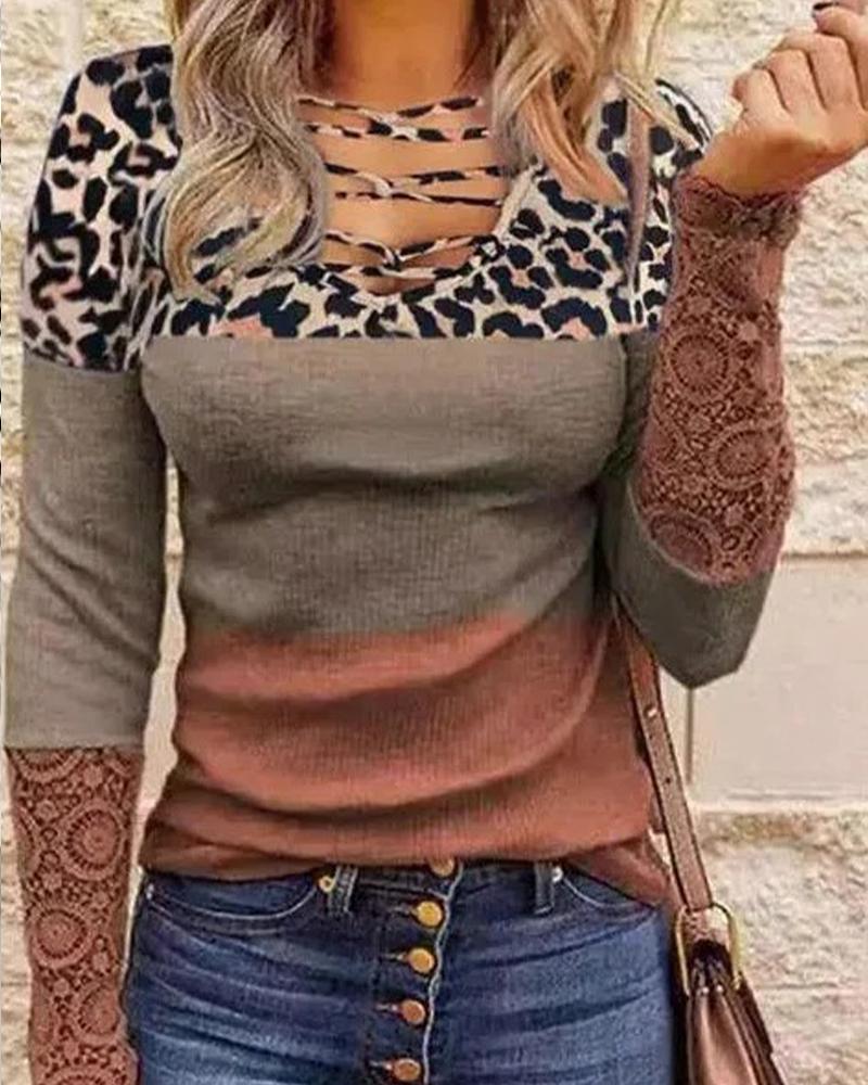 

Colorblock Contrast Lace Long Sleeve Ribbed Top, Red