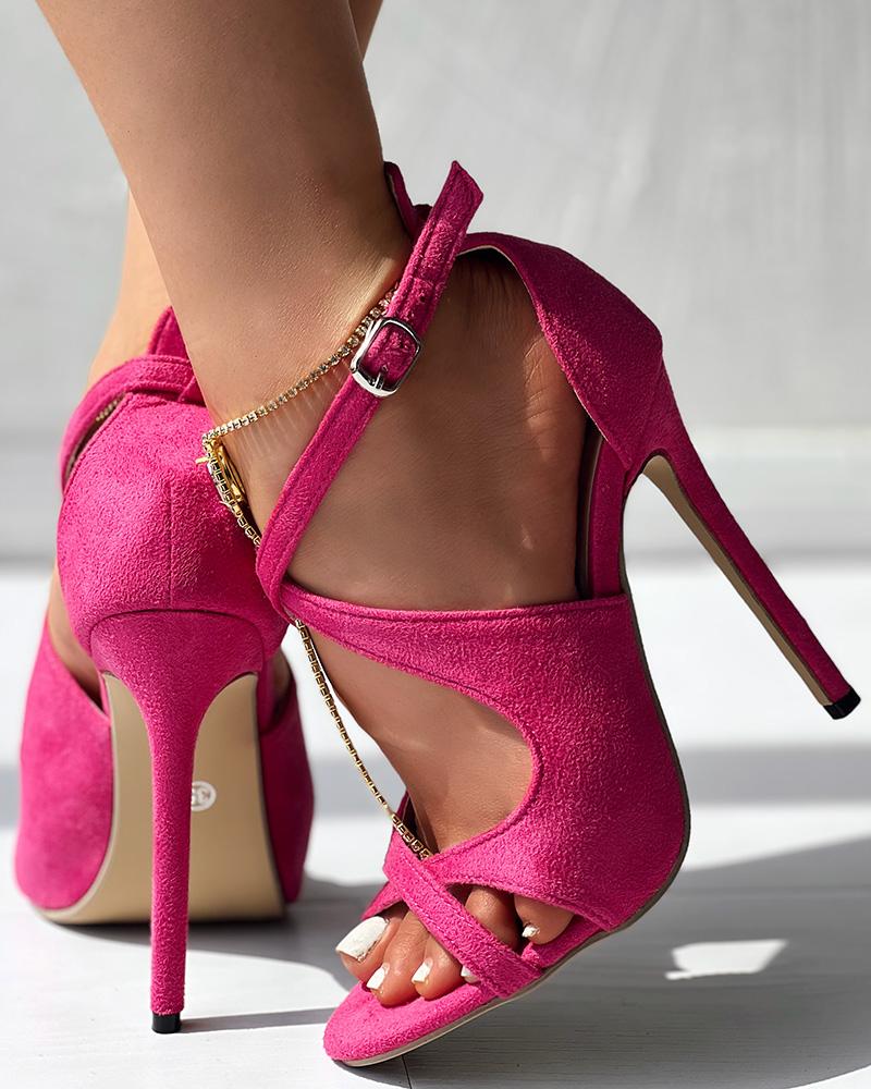 

Buckled Cross Strap Peep Toe Stiletto Heels, Hot pink