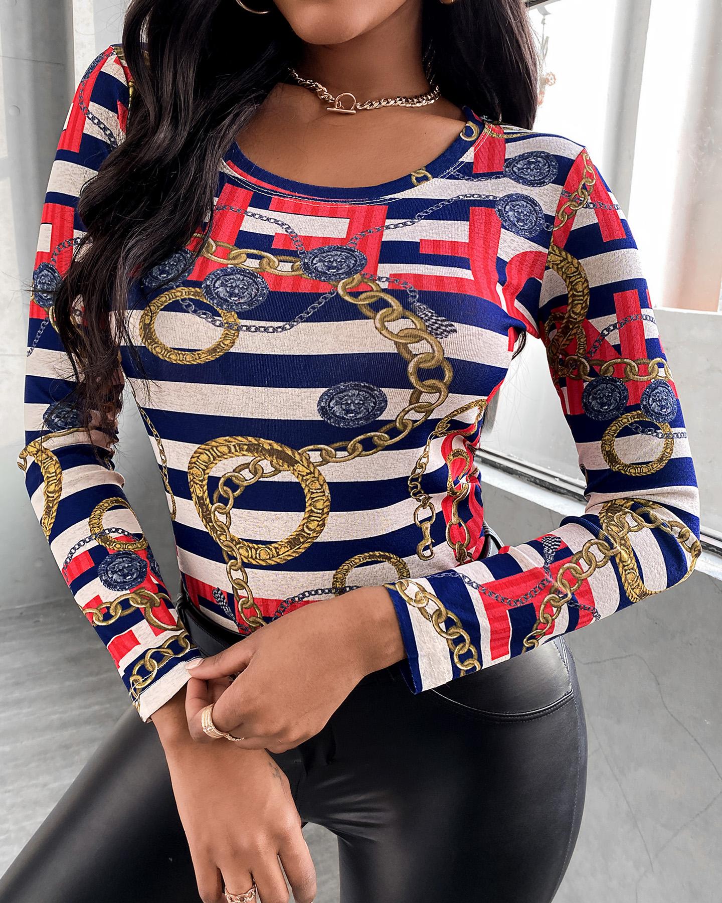 

All Over Print Round Neck Long Sleeve T-Shirt, Multicolor