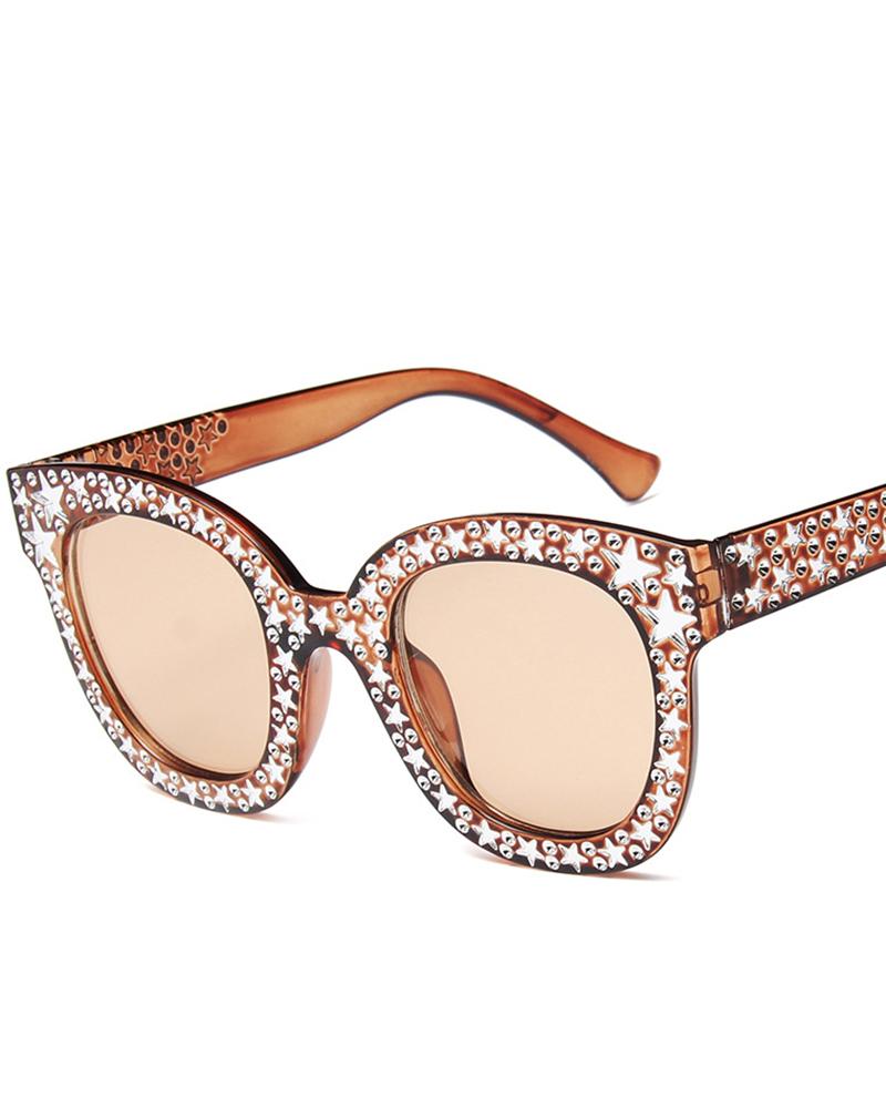 

1Pair Trendy Eyewear Rhinestone Star Square Sunglasses, Brown