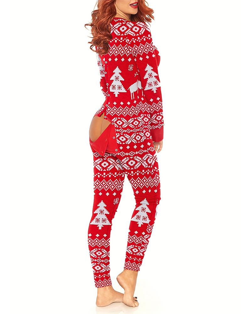 

Christmas Print Functional Buttoned Flap Adults Pajamas, Red