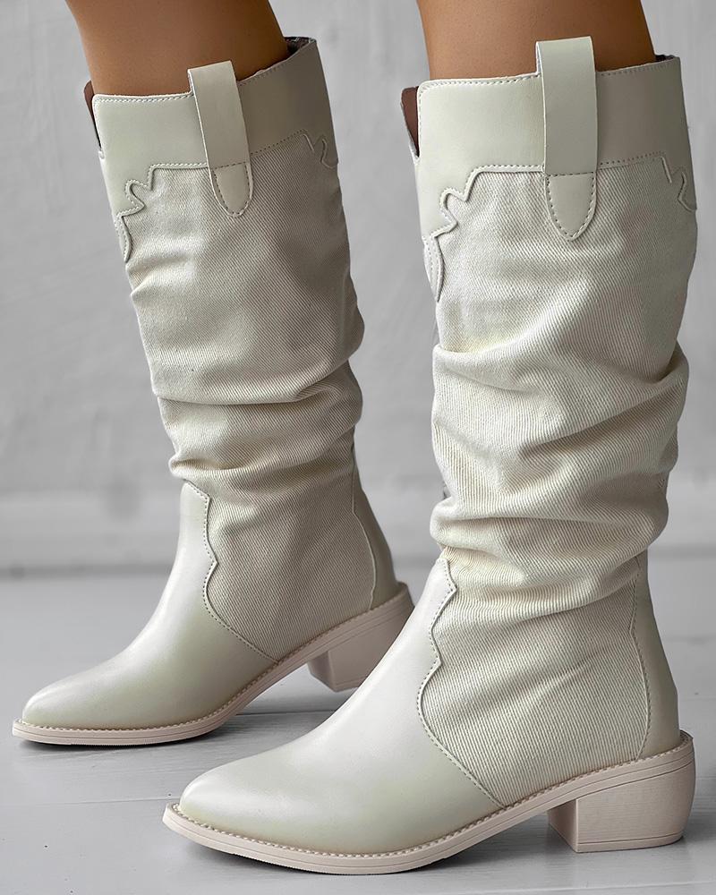 

Colorblock Cowboy Style Chunky Heel Calf Boots, Beige