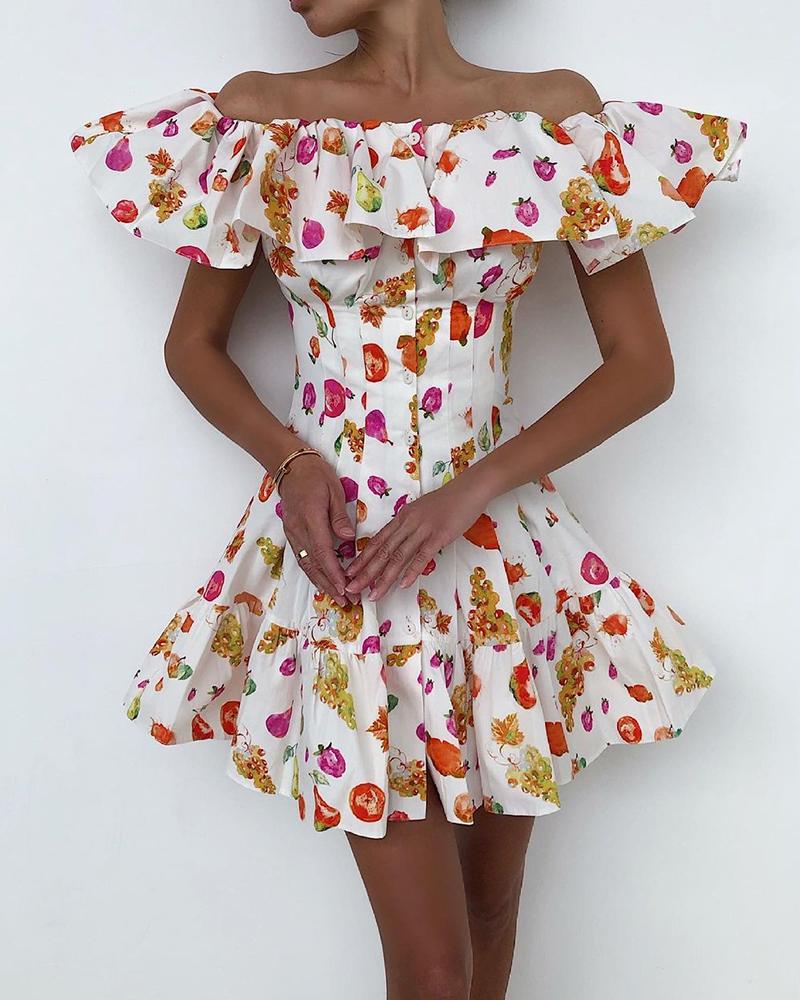 

Fruit Print Skinny Waist Ruffle Hem Short Sleeve Mini Dress, White