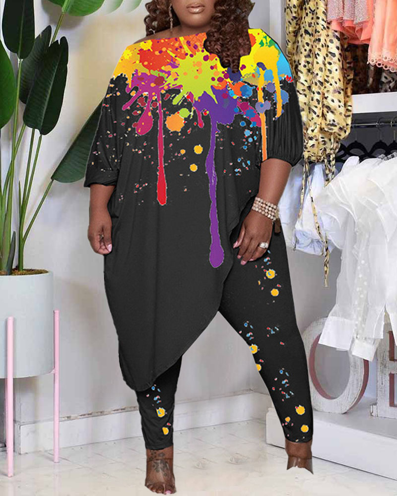 

Plus Size Ink Splash Print Asymmetrical Top & Pants Set, Black