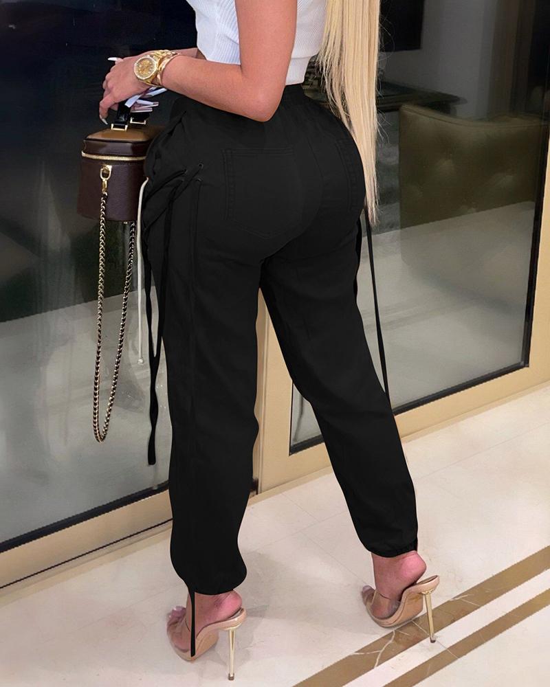 

Eyelet Lace-up High Waist Jeans, Black