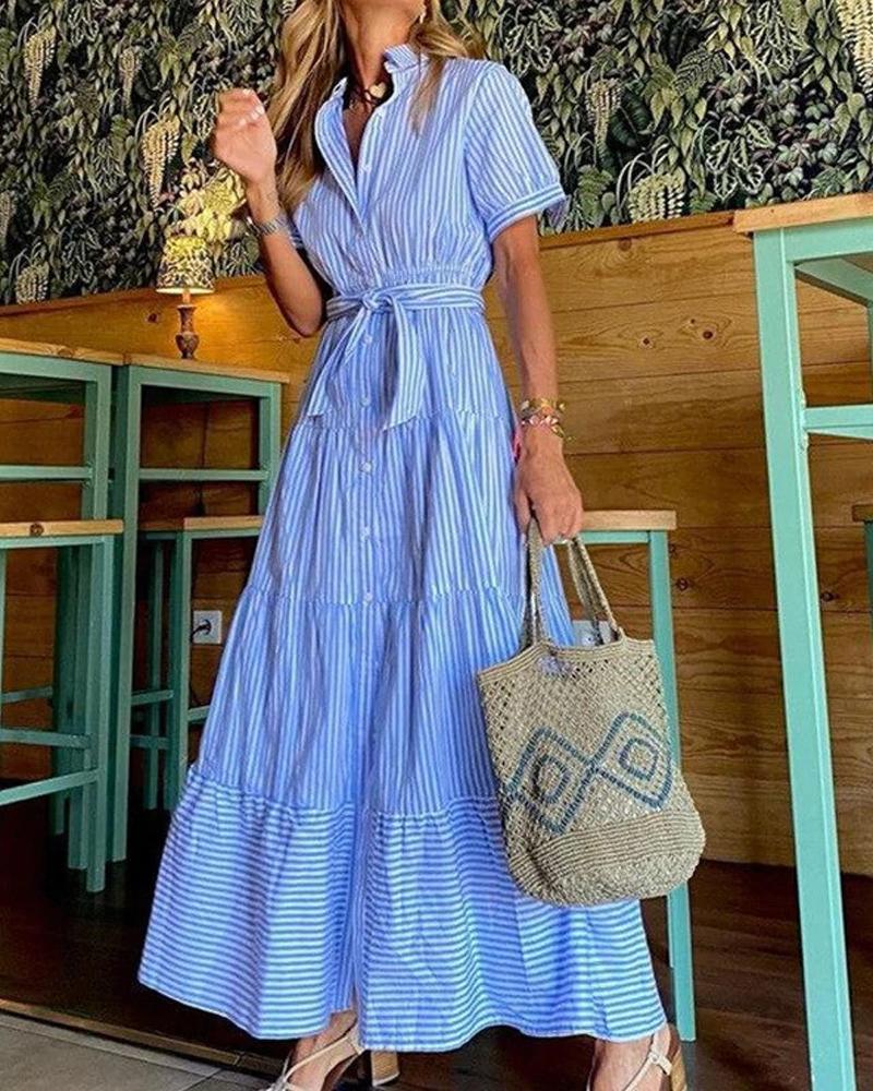 

Striped Print Button Front Belted Shirt Dress, Blue