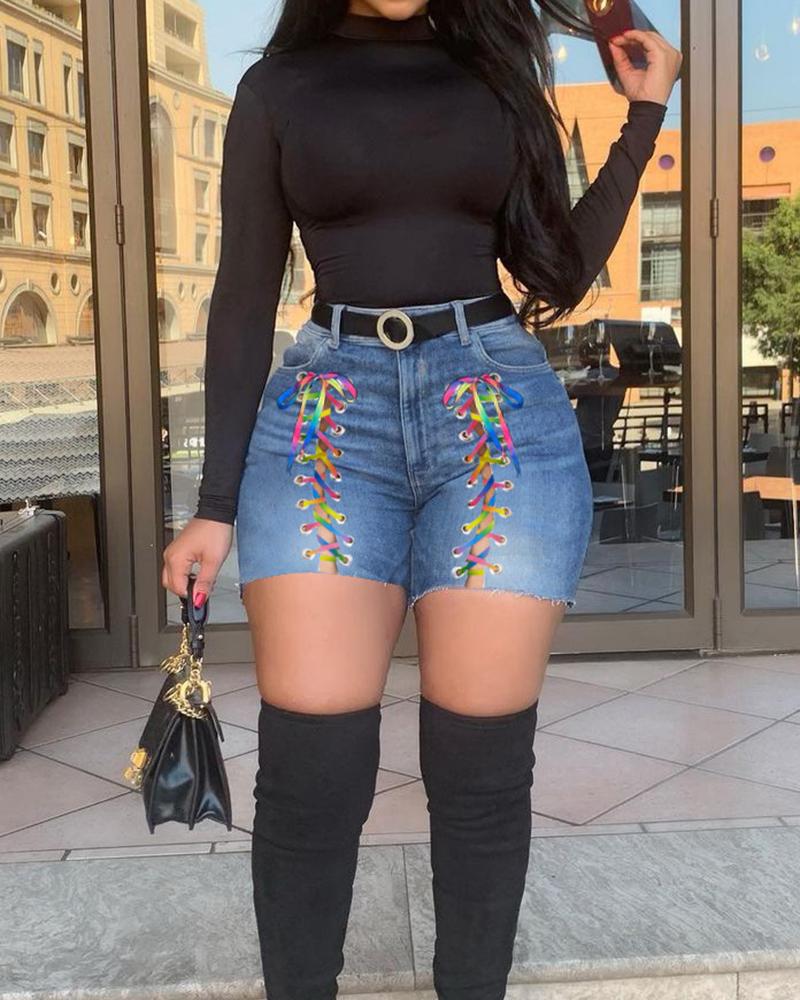

Colorful Strap Eyelet Lace-up Denim Shorts, Blue