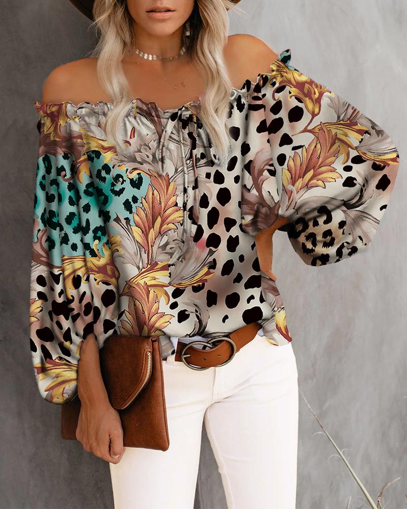 

Off Shoulder Frill Hem Leopard Floral Print Top