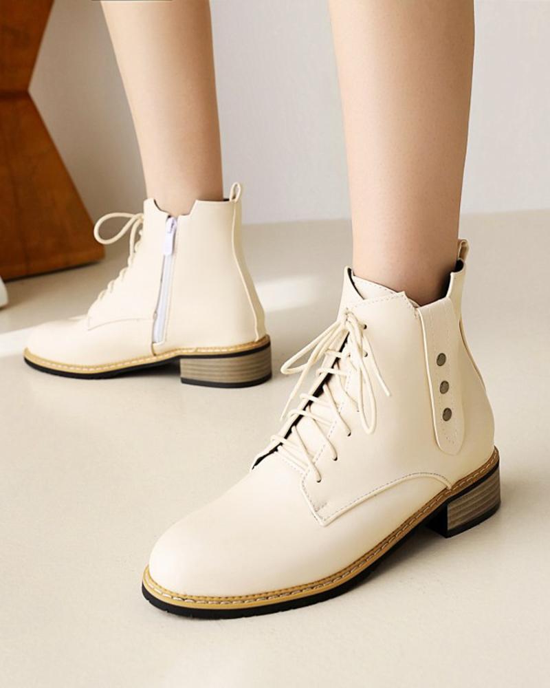 

Chic Womens Round Toe Lace-up Motorcycle Boots, Beige