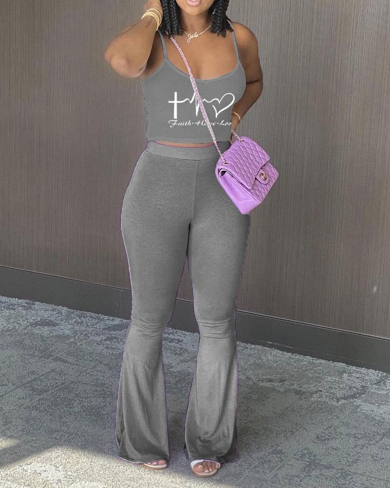 

Letter Heart Print Crop Cami Top & Bootcut Pants Set, Gray