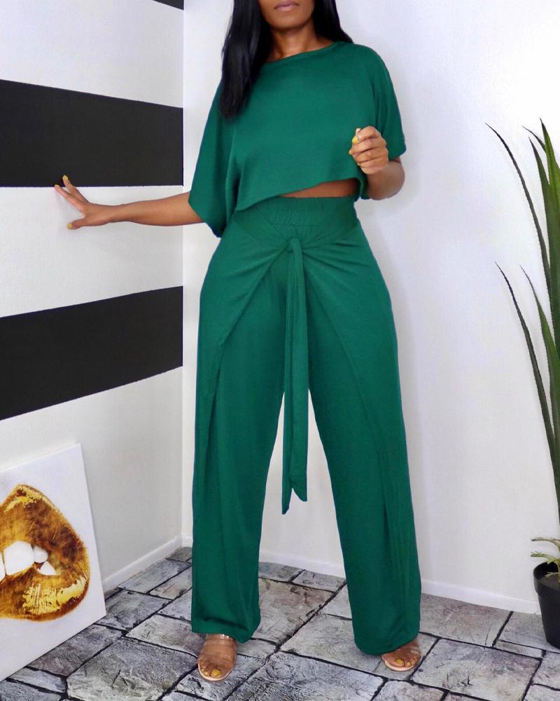 

Casual Crop Top & Tied Detail Pants Set, Green