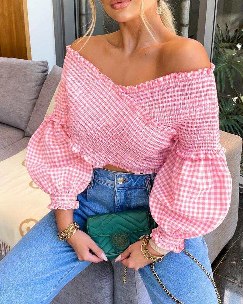 

Plaid Shirring Detail Frill Hem Lantern Sleeve Top, Pink