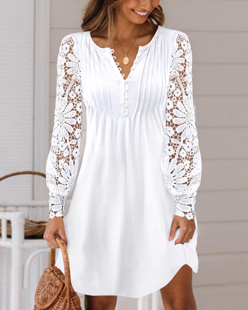 

Contrast Lace Long Sleeve Casual Dress, White