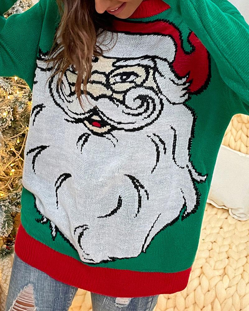 

Christmas Santa Claus Pattern Long Sleeve Sweater, Green
