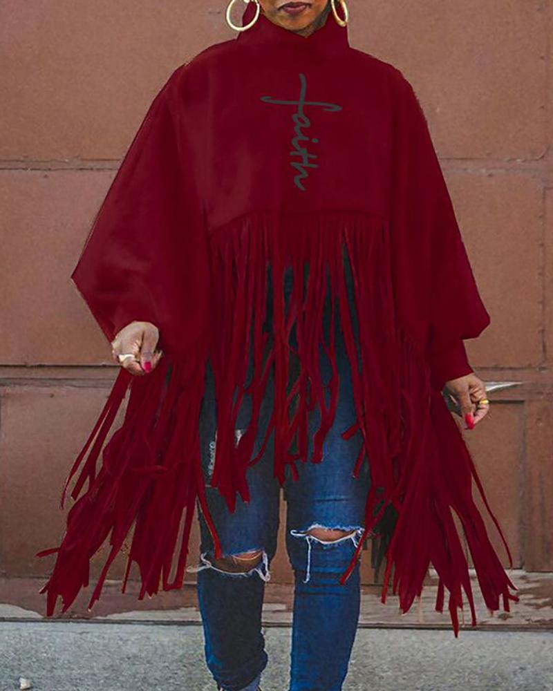 

High Neck Letter Print Lantern Sleeve Tassel Design Top, Wine red