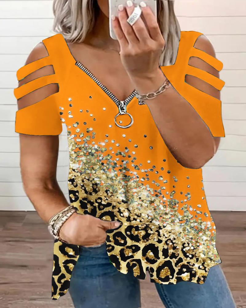 

Plus Size Contrast Leopard Print Cutout Zipper Design T-Shirt, Orange