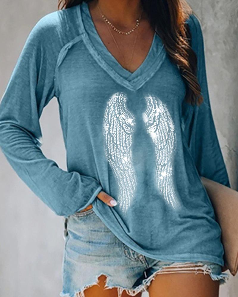 

Rhinestone Wing Pattern Long Sleeve Top, Blue