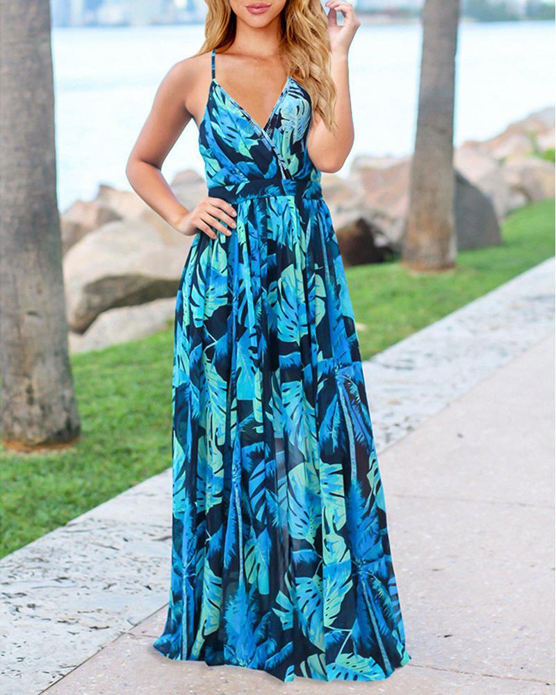 

Tropical Print Crisscross Backless V-Neck Maxi Dress, Blue