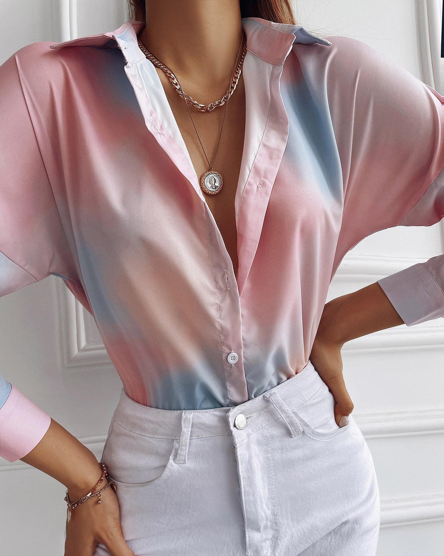 

Tie Dye Print Button Design Long Sleeve Shirt, Pink
