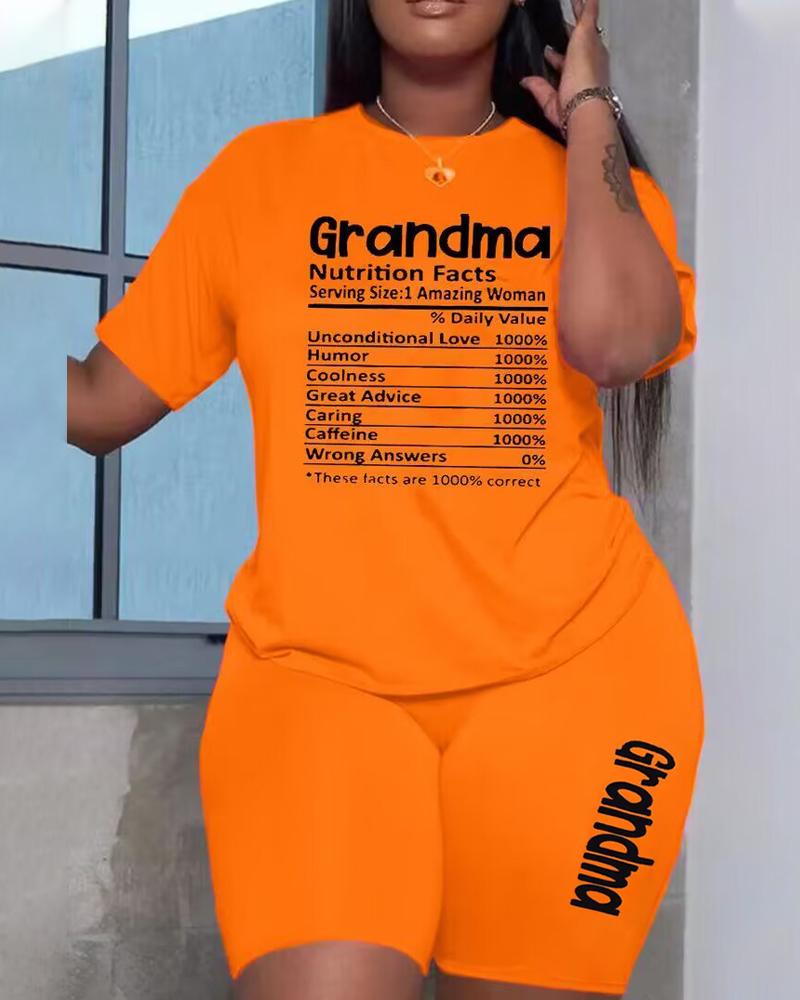 

Grandma Letter Print Round Neck Top & Shorts Set, Orange