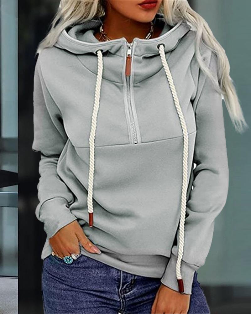 

Long Sleeve Zipper Front Drawstring Hoodie Plain Casual Daily Hoodie, Gray
