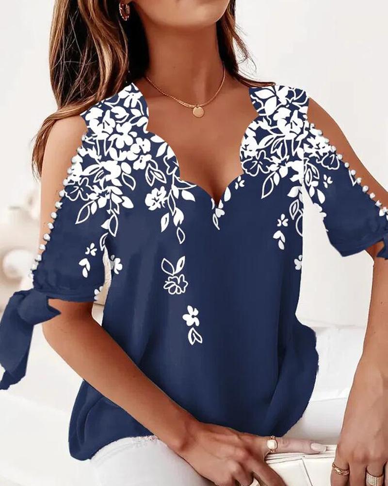 

Plants Print Beaded Decor Cold Shoulder Top, Blue