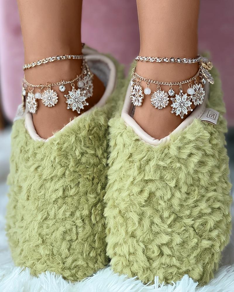 

Round Toe Fluffy Slippers, Green