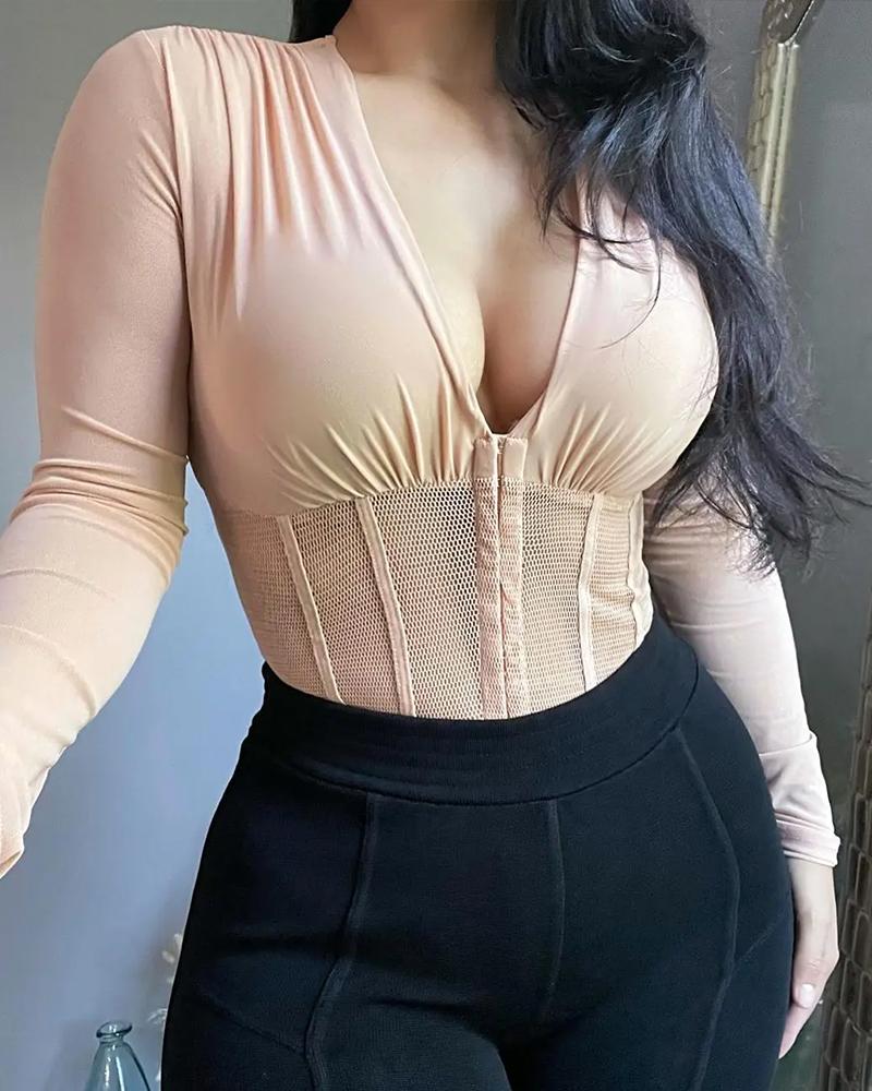 

V-Neck See Through Contrast Fishnet Zipper Design Bodysuit, Apricot