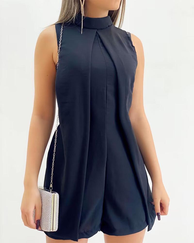 

Plain Patchwork Sleeveless Casual Romper, Black