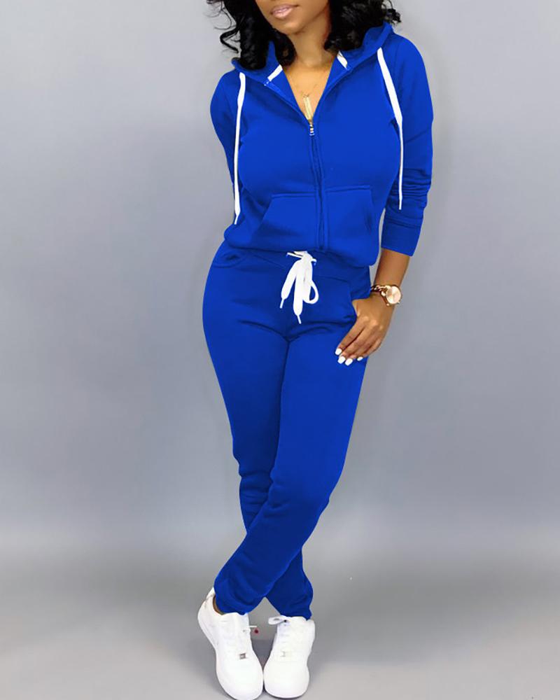 

Hooded Drawstring Zipper Design Sporty Top & Pants Sets, Blue