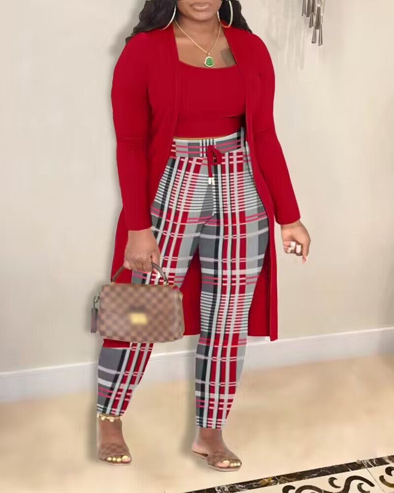 

Plus Size 3PCS Cami Top & Plaid Print Pants Set With Coat, Red