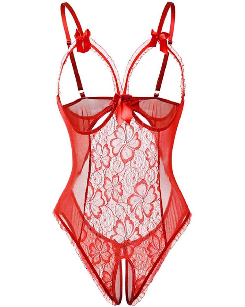 

Bowknot Open Crotch Floral Lace Teddies, Red