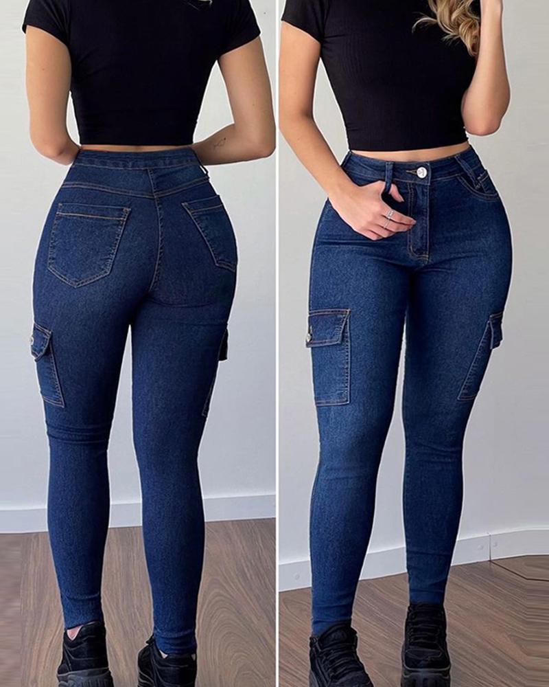

Pocket Zipper Decor Skinny Jeans, Dark blue