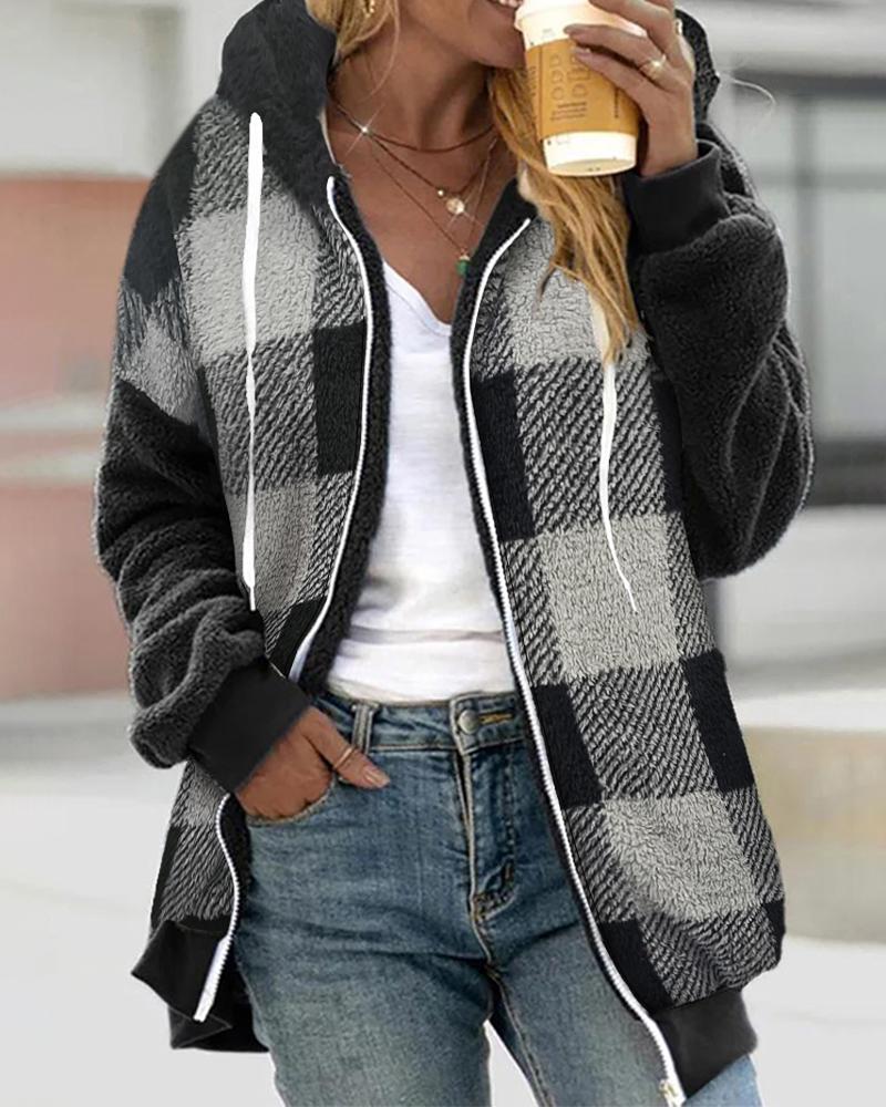 

Colorblock Plaid Pattern Hooded Teddy Jacket, Black